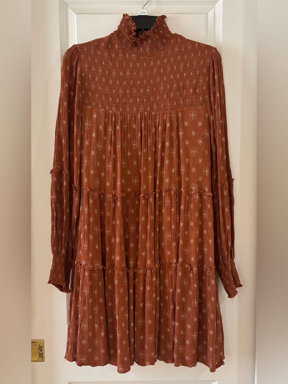 Peach Love Women's Long Sleeve Smocked Tiered Boho Dress in Rust. Medium.